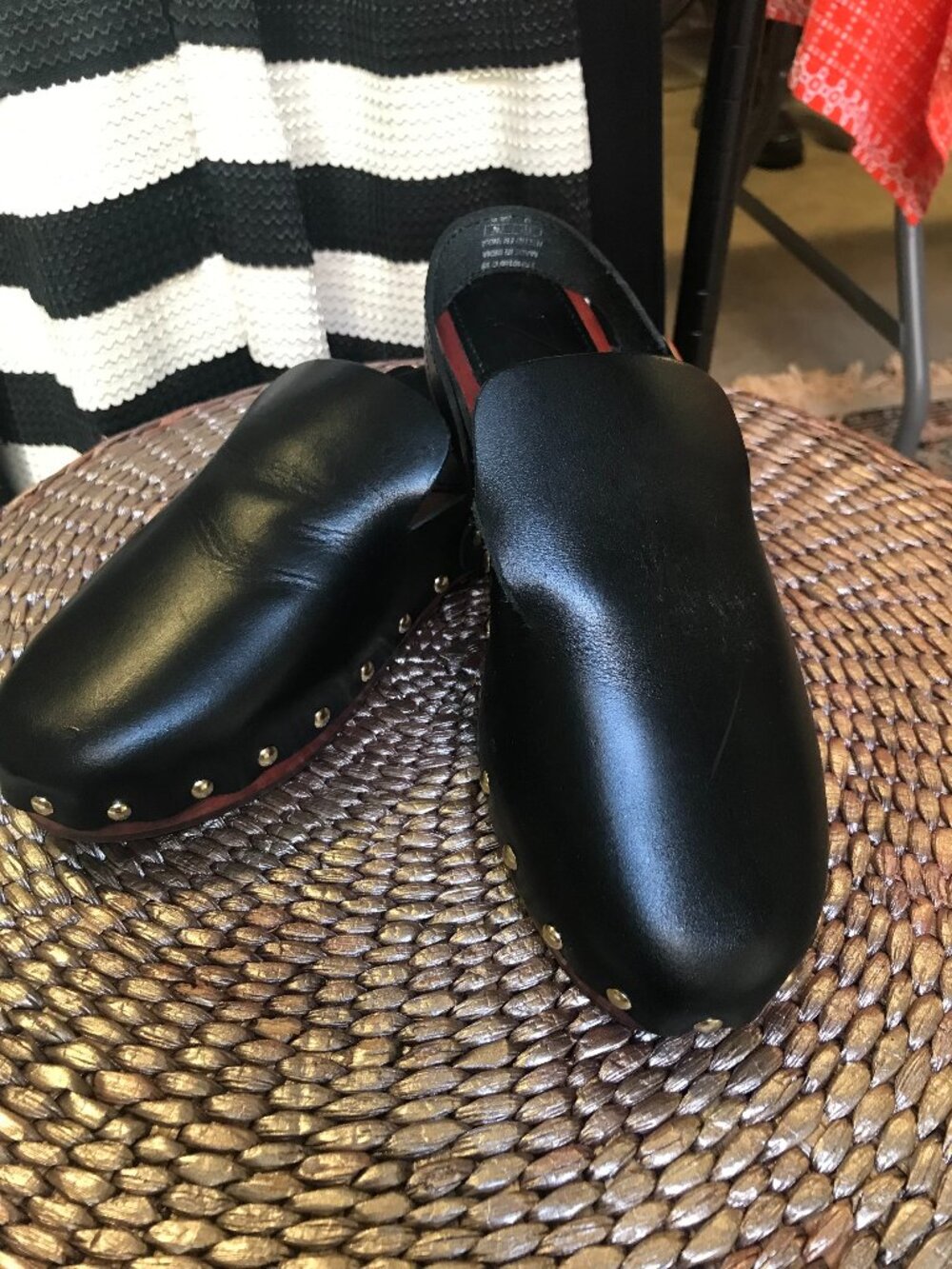 Black Leather Wooden Slip-on Clogs